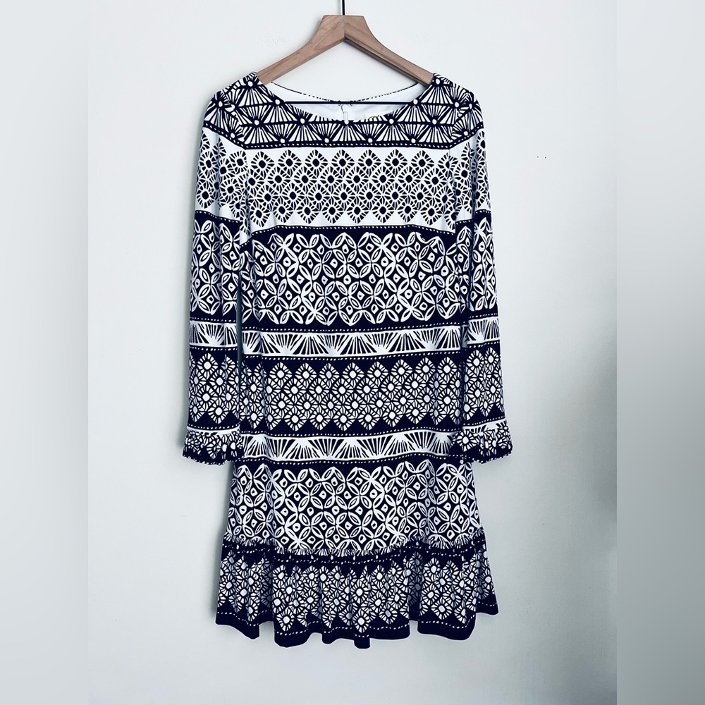 Eliza J women Geometric print dress boat neck ruffle stretchy 3/4 sleeve artsy 8
